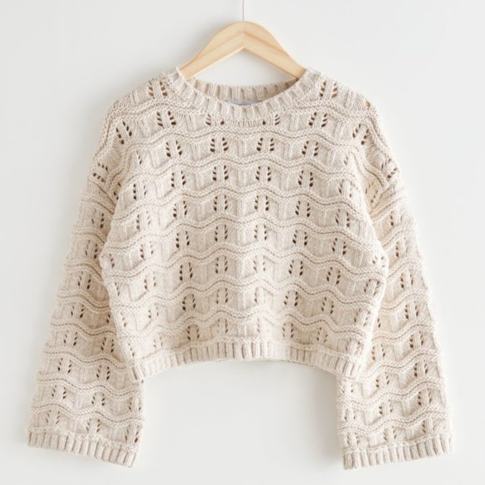 & Other Stories Cream Open-Knit Cropped Crewneck Sweater